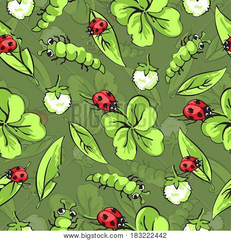 Cartoon hand drawing beetle ladybug and caterpillars, leaves and flowers of clover seamless pattern, vector background. Funny insects on a green backdrop. For fabric design, wallpaper, decoration