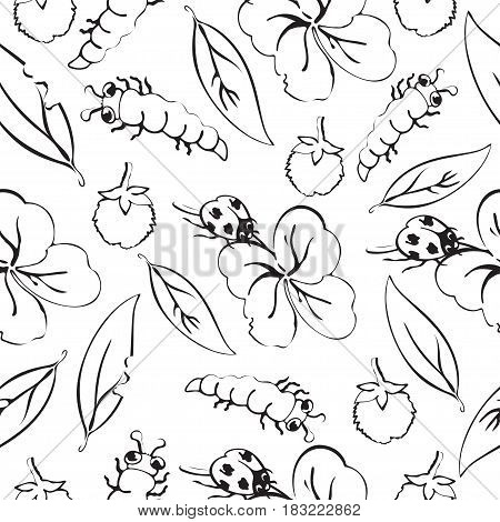 Cartoon black and white hand drawing beetle ladybug and caterpillars, leaves and flowers of clover seamless pattern, monochrome vector background. Funny insects. For fabric design