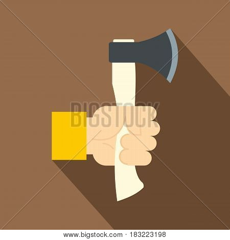 Hand holding axe with wooden handle icon. Flat illustration of hand holding axe with wooden handle vector icon for web on coffee background