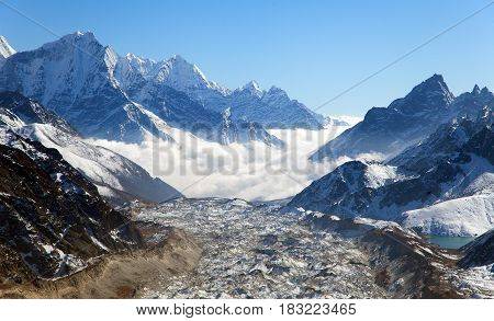 View of Ngozumba glacier the largest glacier in great Himalayan range - way to Cho Oyu base camp - Nepal
