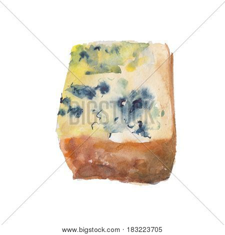 The piece of cheese with a mold isolated on white background watercolor illustration in hand-drawn style.