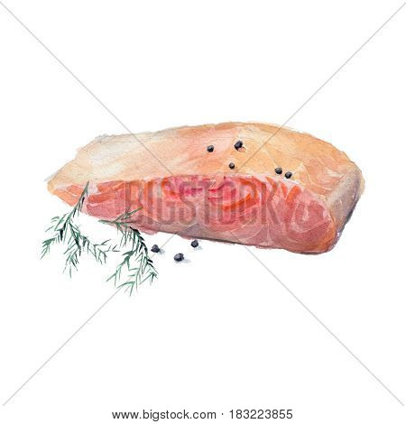 The raw slice of salmon with a fennel branch isolated on white background watercolor illustration in hand-drawn style.