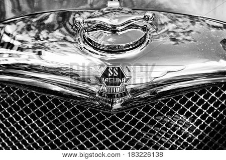 BERLIN - MAY 28: The emblem of Jaguar SS100 (Black and White) the exhibition 