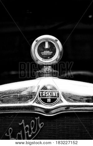 BERLIN - MAY 28: Radiator (engine cooling) and the emblem of the car Erskine (Studebaker) the exhibition 