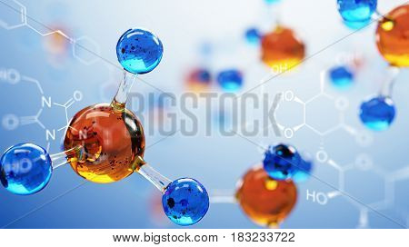 3d illustration of molecule model. Science background with molecules chemical formulas