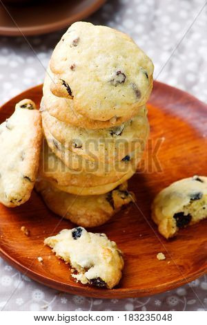 cornmeal chocolate chunk cookies raisins..rustic style.selective focus