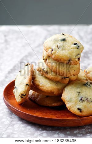cornmeal chocolate chunk cookies raisins..rustic style.selective focus