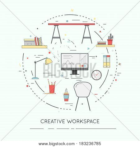 Modern design concept of creative office workspace for website and mobile website. Thin line flat design banner . Vector illustration.
