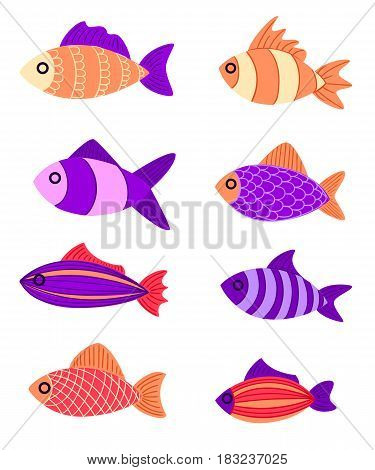 Graphic Fish Violet Red Pink With A Pattern And To Leaves Multi-colored Small Fishes In The Sea The
