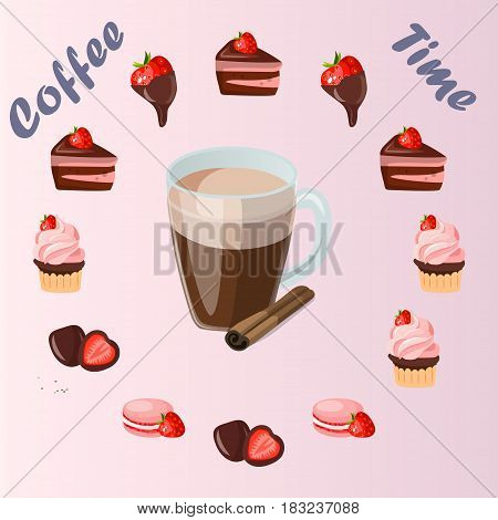 Very high quality original trendy vector illustration cup of cinamon coffee and strawberry sweets