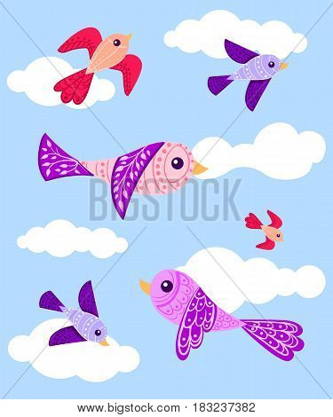 Graphic Bird Violet Red Pink With A Pattern And To Leaves Multi-colored Cute Birds In Vector. Cartoo