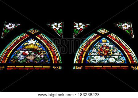Paris, France, March 26, 2017: Stained Glass Window in Churche Saint Jean de Mormartre