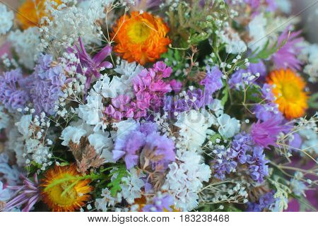 A bouquet of dried wildflowers. Close-up background. White, purple, red, yellow and red colors.