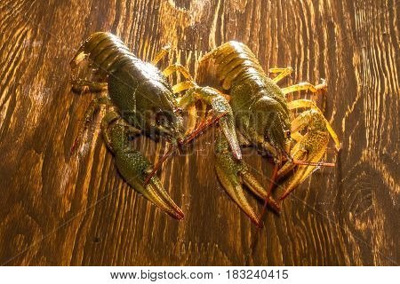 Live Crawfish On A Wooden Board