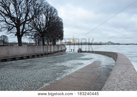 View on Vasilyevsky island and the Paul and Peter fortress in the winter Saint Petersburg Russia