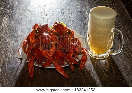 Plate With Boiled Crawfish And A Glass Of Beer