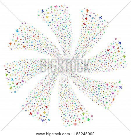 Airplanes fireworks swirl rotation. Vector illustration style is flat bright multicolored iconic symbols on a white background. Object whirlpool done from random pictographs.
