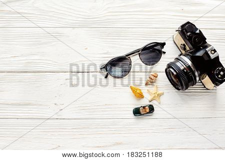 Travel And Wanderlust Concept, Summer Vacation Background Flat Lay, Space For Text. Photo Camera Sun