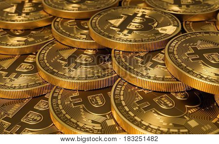 Golden Virtual Currency Coins Bitcoins. 3D Illustration.