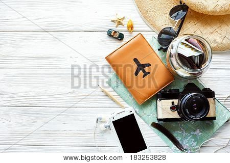 Summer Travel Wanderlust Concept, Space For Text, Flat Lay. Map Camera Sunglasses  Passport Money Ph