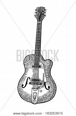 Six String semi acoustic guitar. Vintage vector black engraving illustration for poster, web. Isolated on white background.