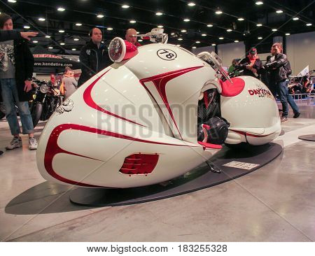 St. Petersburg Russia - 15 April, White futuristic moto concept,15 April, 2017.
International Motor Show IMIS-2017 in Expoforurum.
Motorcycles and motoconcepts presented at St. Petersburg Motor Show.