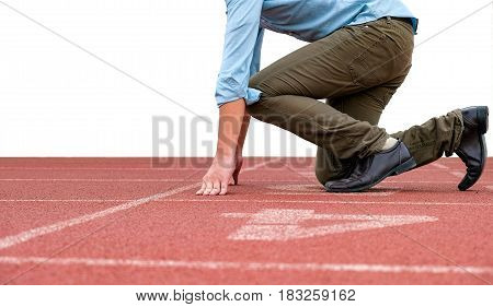 Side view of businessman in action to prepare for running on a treadmill to start business competition, Isolated on white background