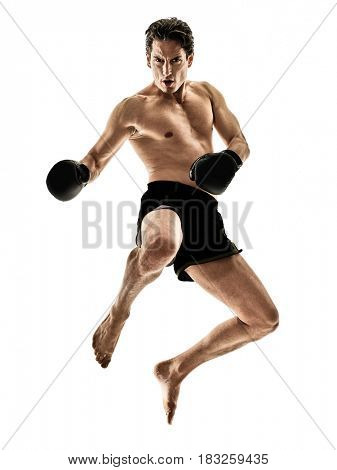 one caucasian Muay Thai kickboxing kickboxer thai boxing man isolated on white background