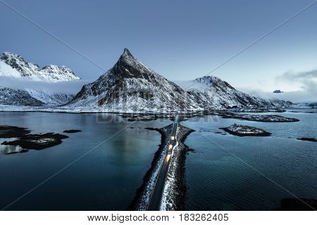 Olstind Mount and bridge, aerial view. Lofoten islands, Norway