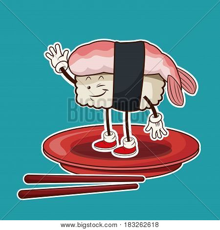kawaii ebi nigiri oriental food japanese platter and chop sticks vector illustration