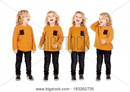 Four same brothers with blond hair laughing isolated on a white background