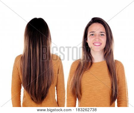 Front and back views of a teenger girl with long hair isolated on a white background