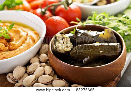 Dolmades, Stuffed Grape Leaves with rice and lemon filling