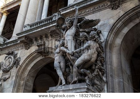 Architectural details of Opera National de Paris: Dance Facade sculpture by Carpeaux.