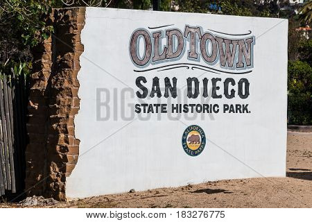 SAN DIEGO, CALIFORNIA - APRIL 1, 2017:  Marker for historic Old Town, location of the first settlement in California in 1769, which included a mission and a fort.