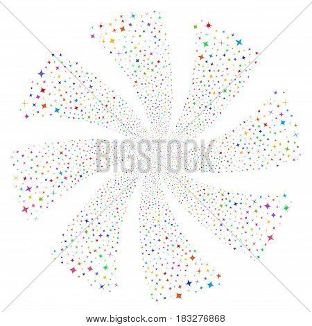Shine Stars fireworks swirl rotation. Vector illustration style is flat bright multicolored iconic symbols on a white background. Object whirl created from random pictographs.