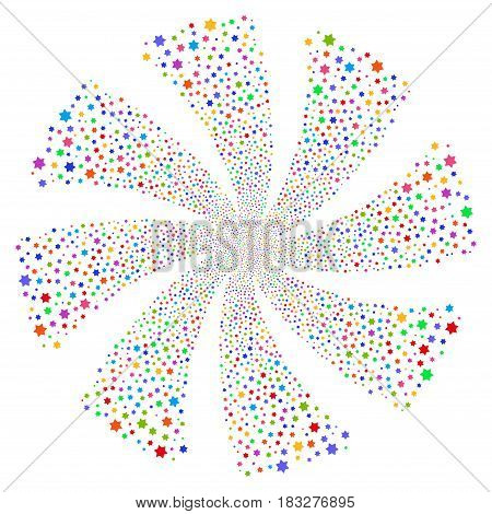 Six Pointed Star fireworks swirl rotation. Vector illustration style is flat bright multicolored iconic symbols on a white background. Object spiral created from random icons.