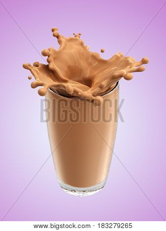 Splash of chocolate milk from the glass .Pink background. 3d rendering