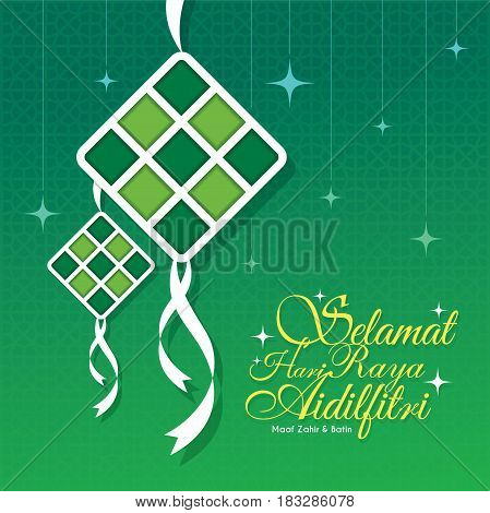 Hari Raya Aidilfitri greeting card. Vector ketupat with starry Islamic pattern as background. (caption: Fasting Day of Celebration, I seek forgiveness (from you) physically and spiritually)