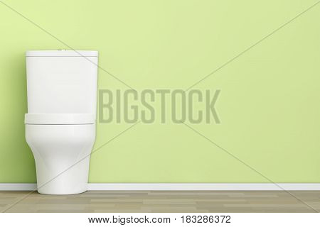 White Ceramic Toilet Bowl in front of Olive Wall. 3d Rendering.