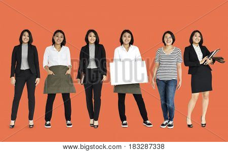 Asian Women Set Gesture Standing Studio Portrait Isolated