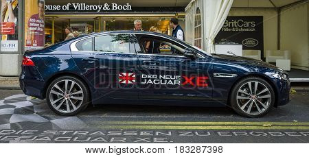 BERLIN - JUNE 14 2015: Compact executive car Jaguar XE 20D (since 2015). The Classic Days on Kurfuerstendamm.