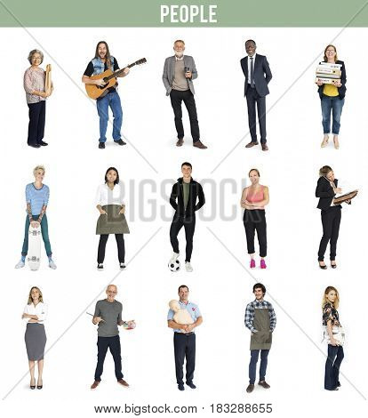 Various of occupation job people full body set standing with smiling on background