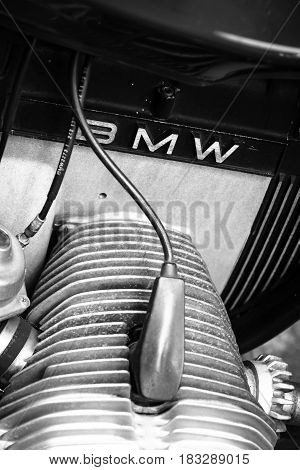 BERLIN - JUNE 14 2015: Motorbike's engine BMW R45 1981. Black and white. The Classic Days on Kurfuerstendamm.