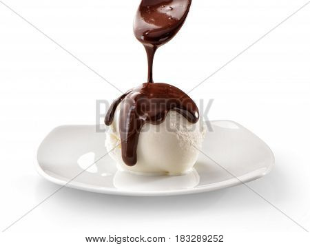 ice cream scoop on plate close-up with melted flowing down chocolate isolated on white background