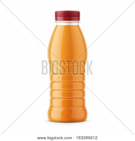 Glossy PET bottle with screw cap for orange juice. 385 ml. Realistic packaging mockup template. Front view. Vector illustration.