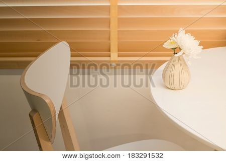 Contemporary Wooden Furniture In Minimal Room Style stock photo