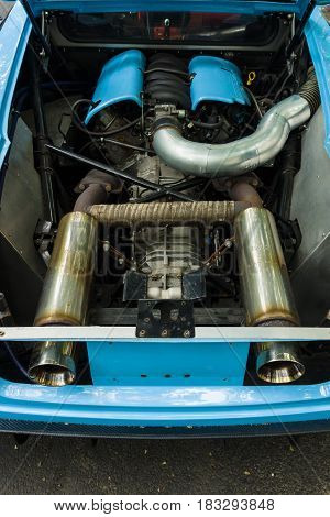 BERLIN - JUNE 14 2015: Engine of a sports car Jim Turner GTO 1984. The Classic Days on Kurfuerstendamm.