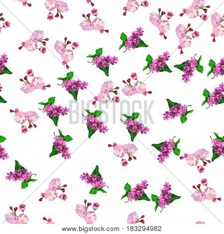Very high quality original trendy vector seamless pattern with blooming lilac and plum flower. Spring or summer design