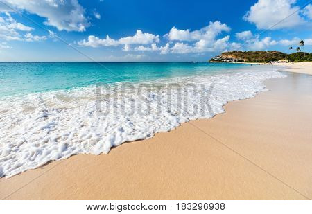 Idyllic tropical beach on Barbuda island in Caribbean with white sand, turquoise ocean water and blue sky